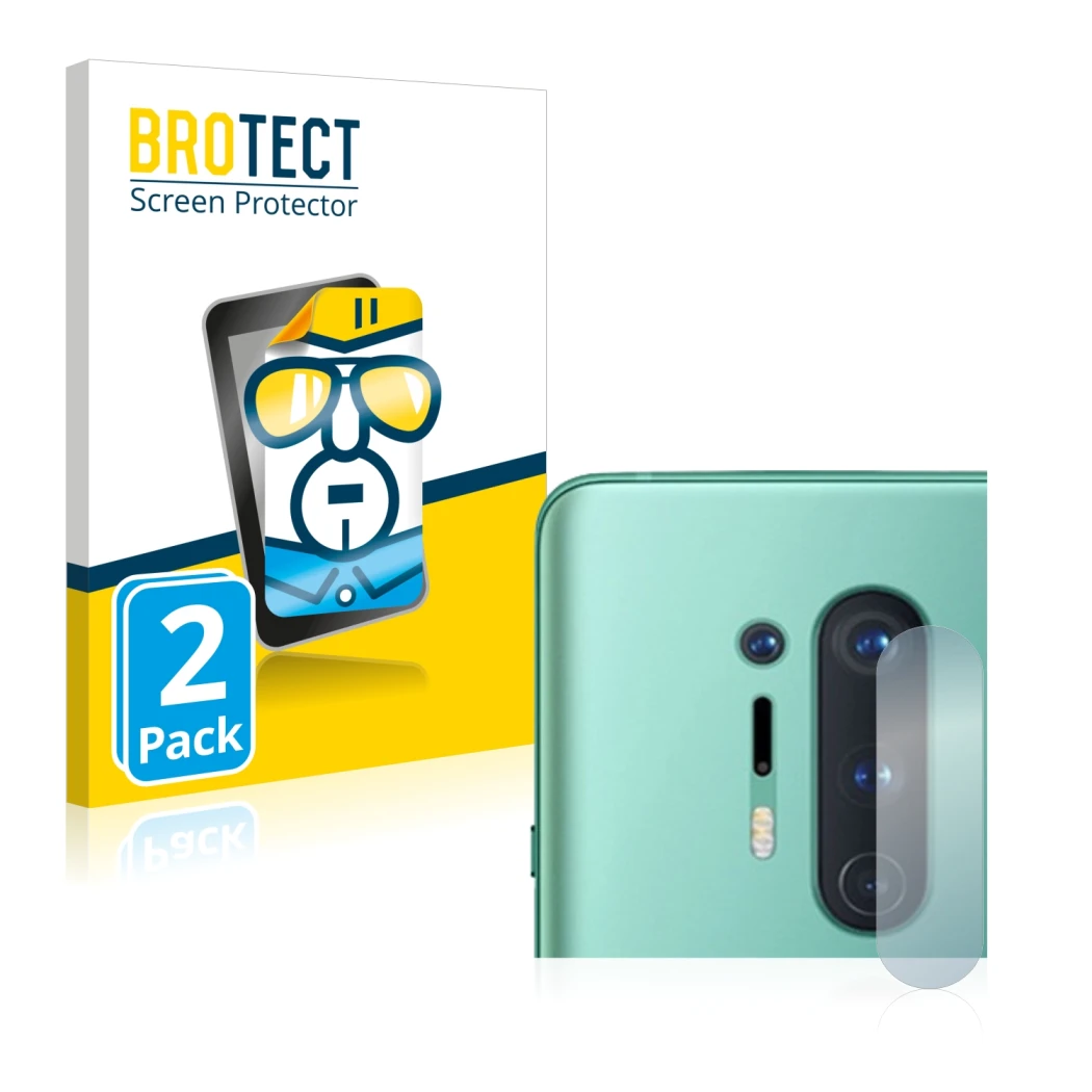 Face avant d’un emballage produit avec le logo de la marque BROTECT. À côté, l’appareil OnePlus 8 Pro (Caméra UNIQUEMENT) est