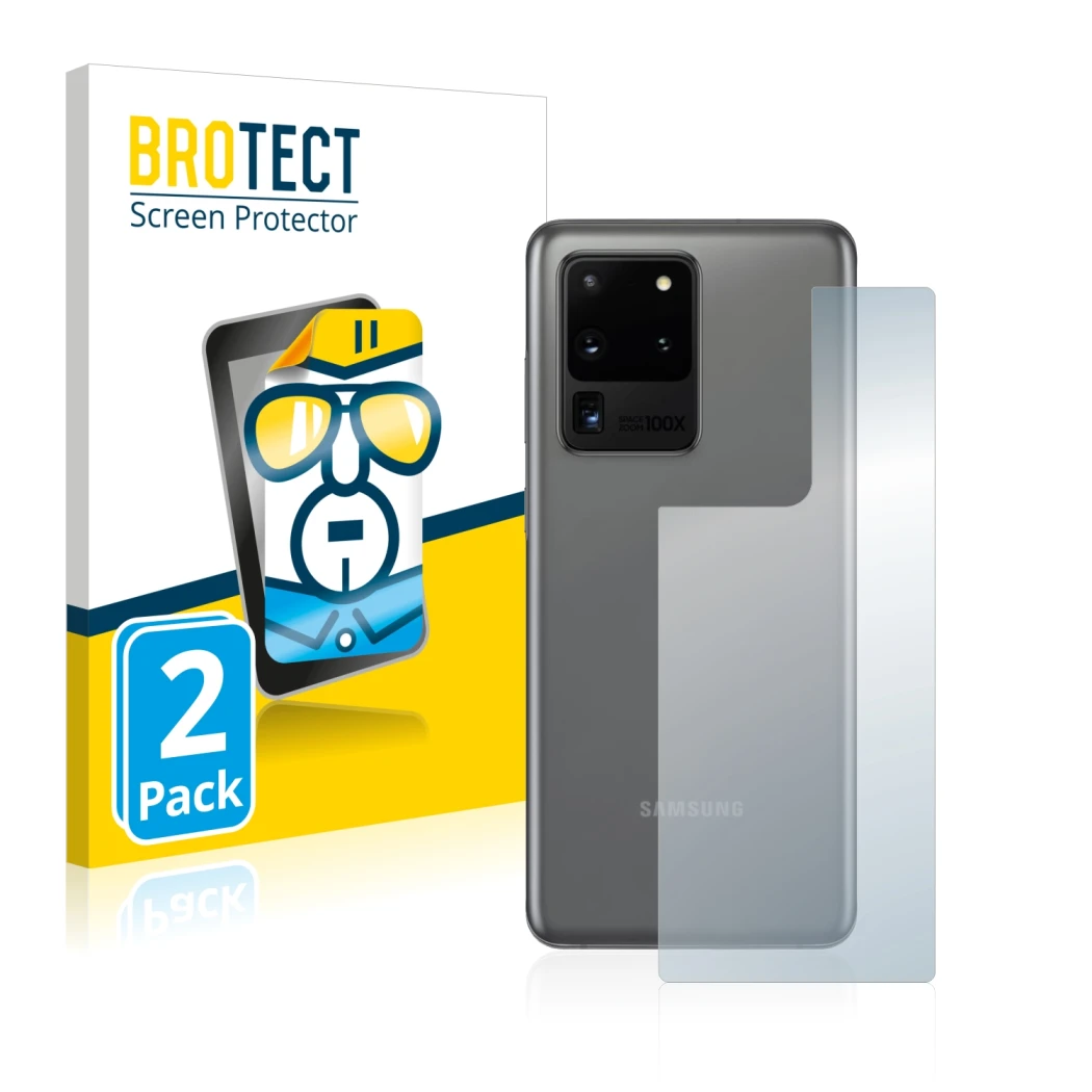 Face avant d’un emballage produit avec le logo de la marque BROTECT. À côté, l’appareil Samsung Galaxy S20 Ultra (Arrière) est