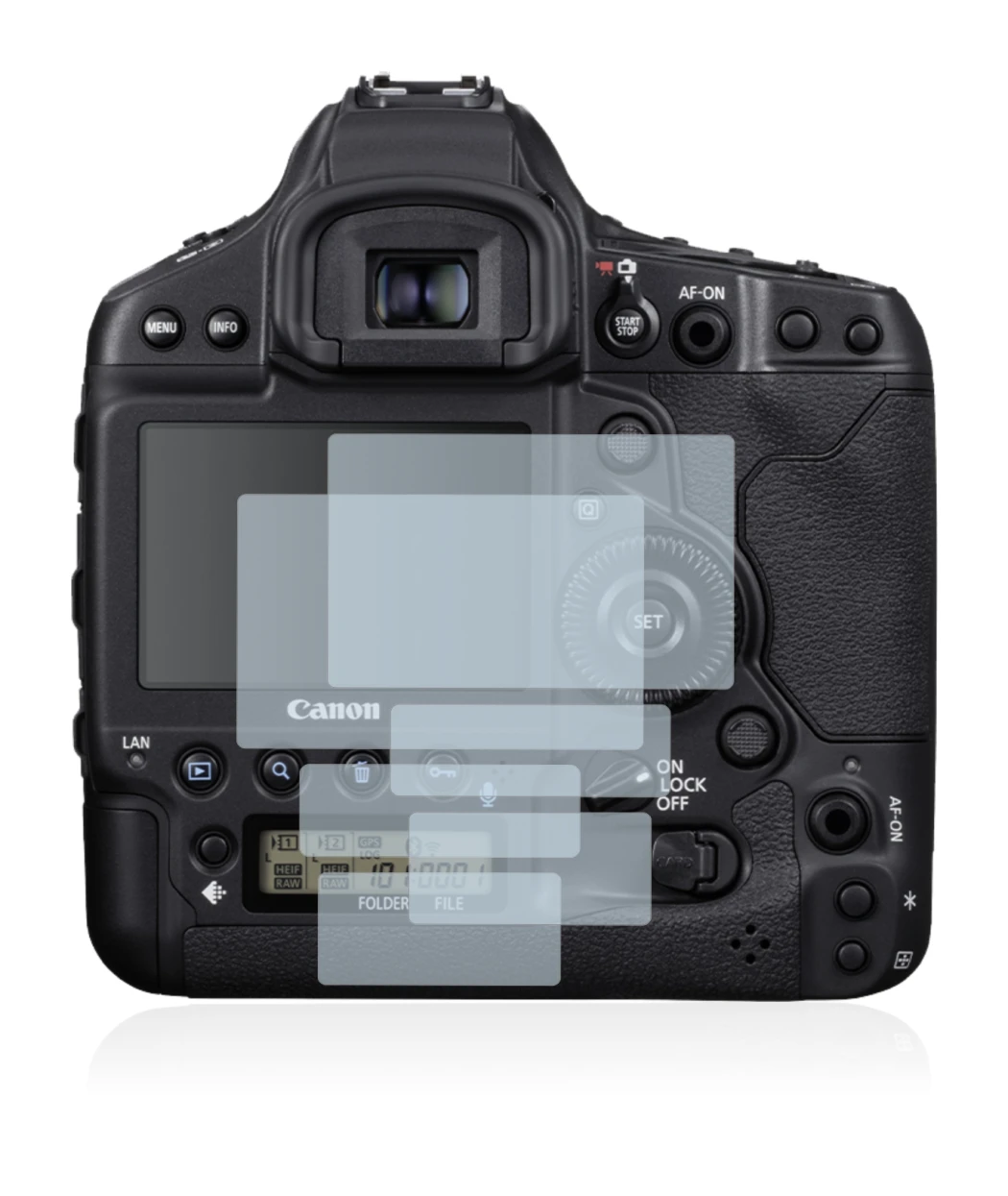 Image de l'appareil Canon EOS 1D X Mark III avec une grande variété de protections d'écran.