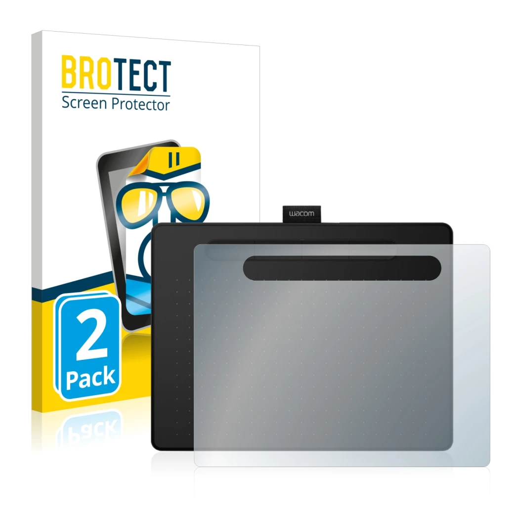 Face avant d’un emballage produit avec le logo de la marque BROTECT. À côté, l’appareil Wacom Intuos M est représenté avec la
