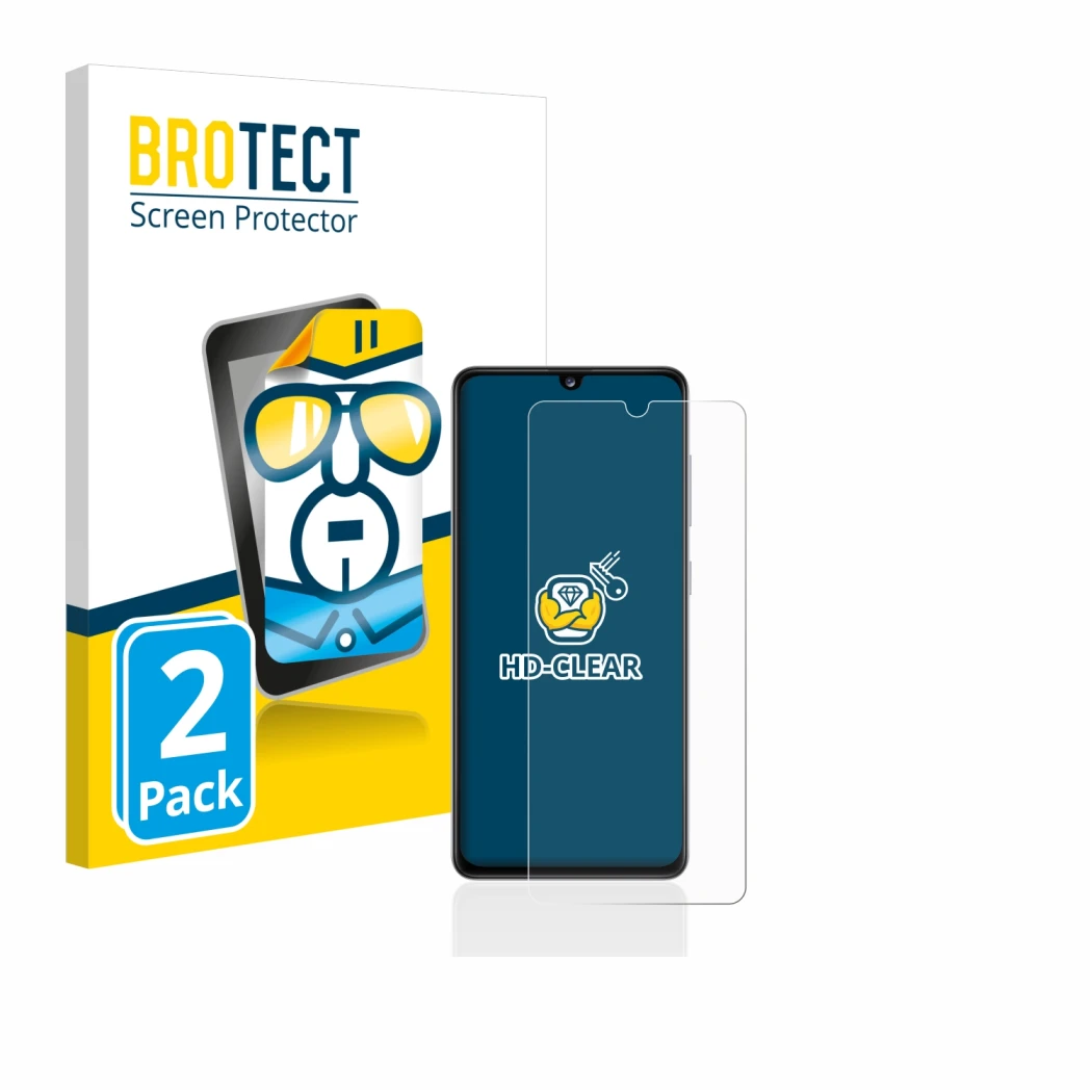 Face avant d’un emballage produit avec le logo de la marque BROTECT. À côté, l’appareil Samsung Galaxy A41 est représenté avec