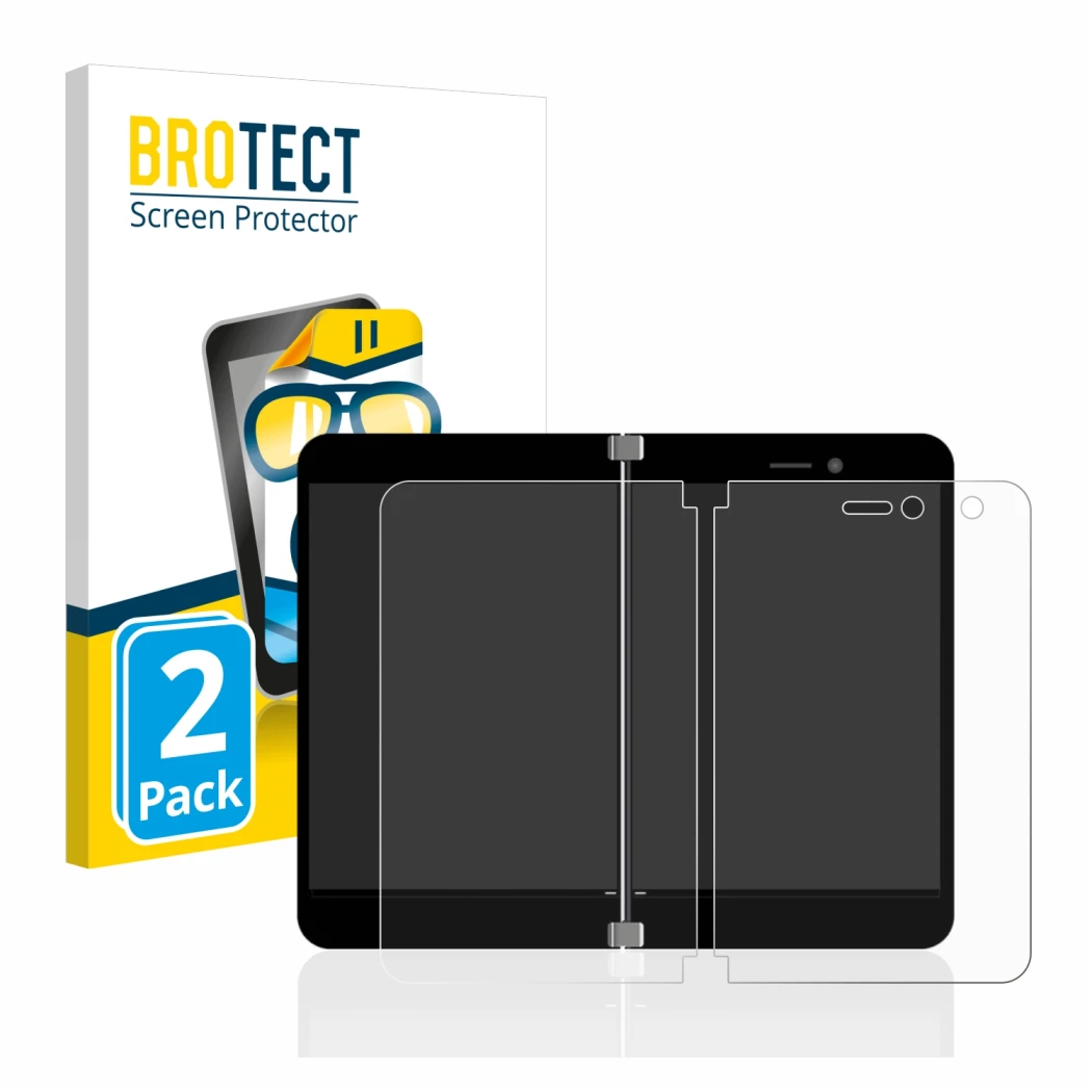 Face avant d’un emballage produit avec le logo de la marque BROTECT. À côté, l’appareil Microsoft Surface Duo est représenté a