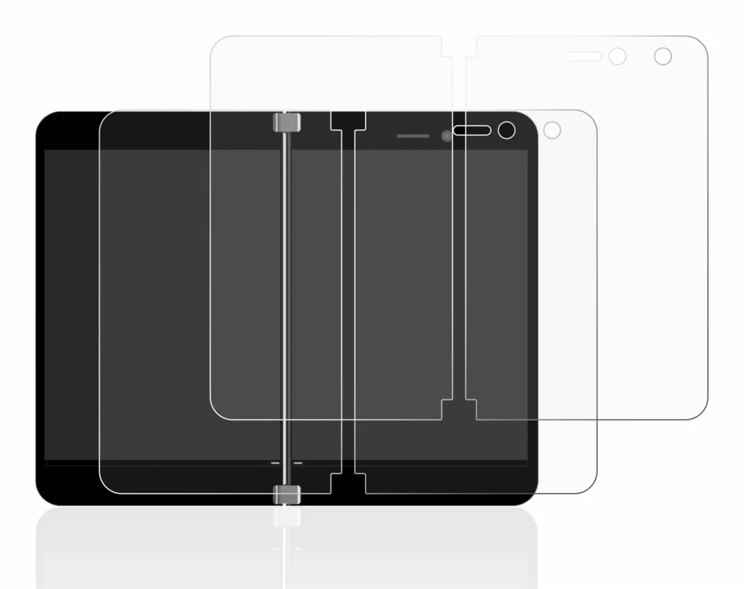 Image de l'appareil Microsoft Surface Duo avec une grande variété de protections d'écran.