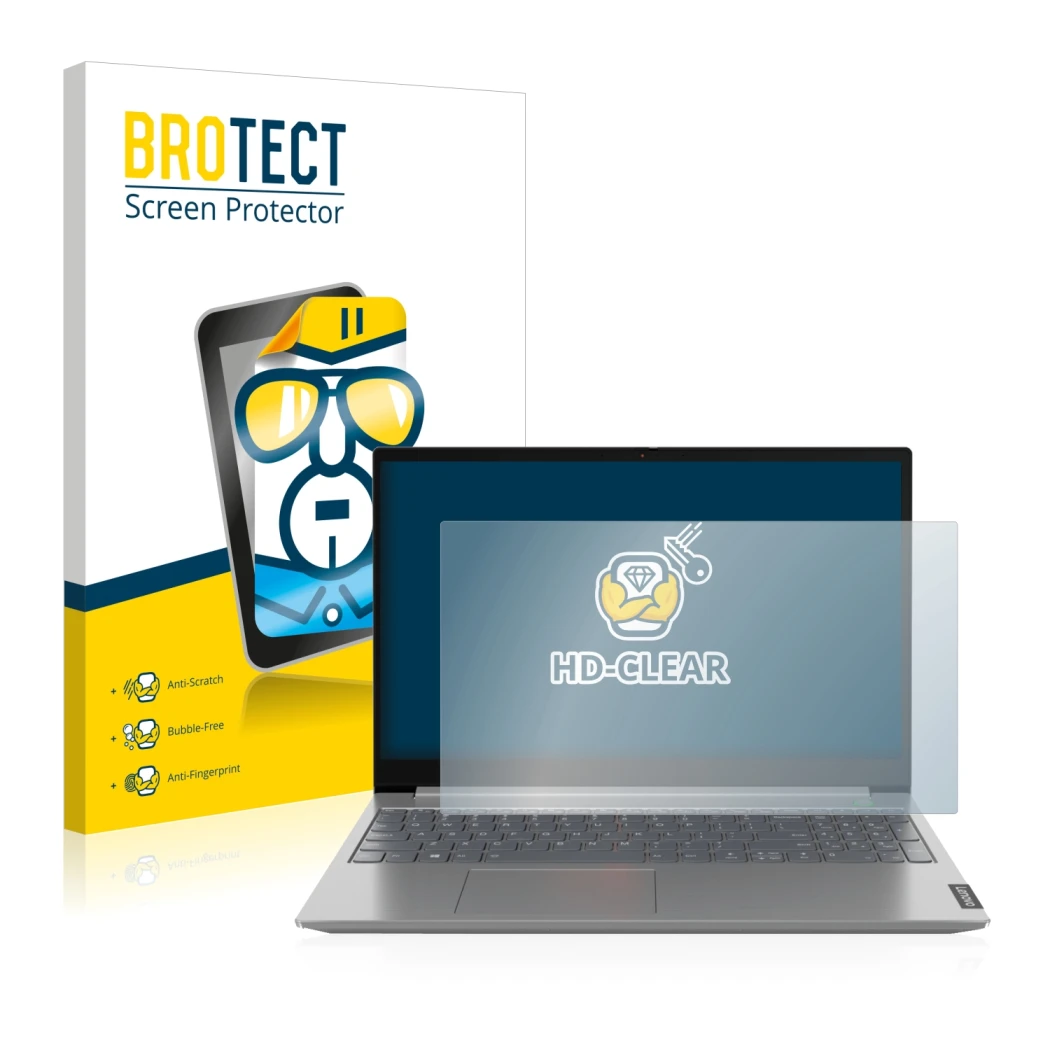 Face avant d’un emballage produit avec le logo de la marque BROTECT. À côté, l’appareil Lenovo ThinkBook 14