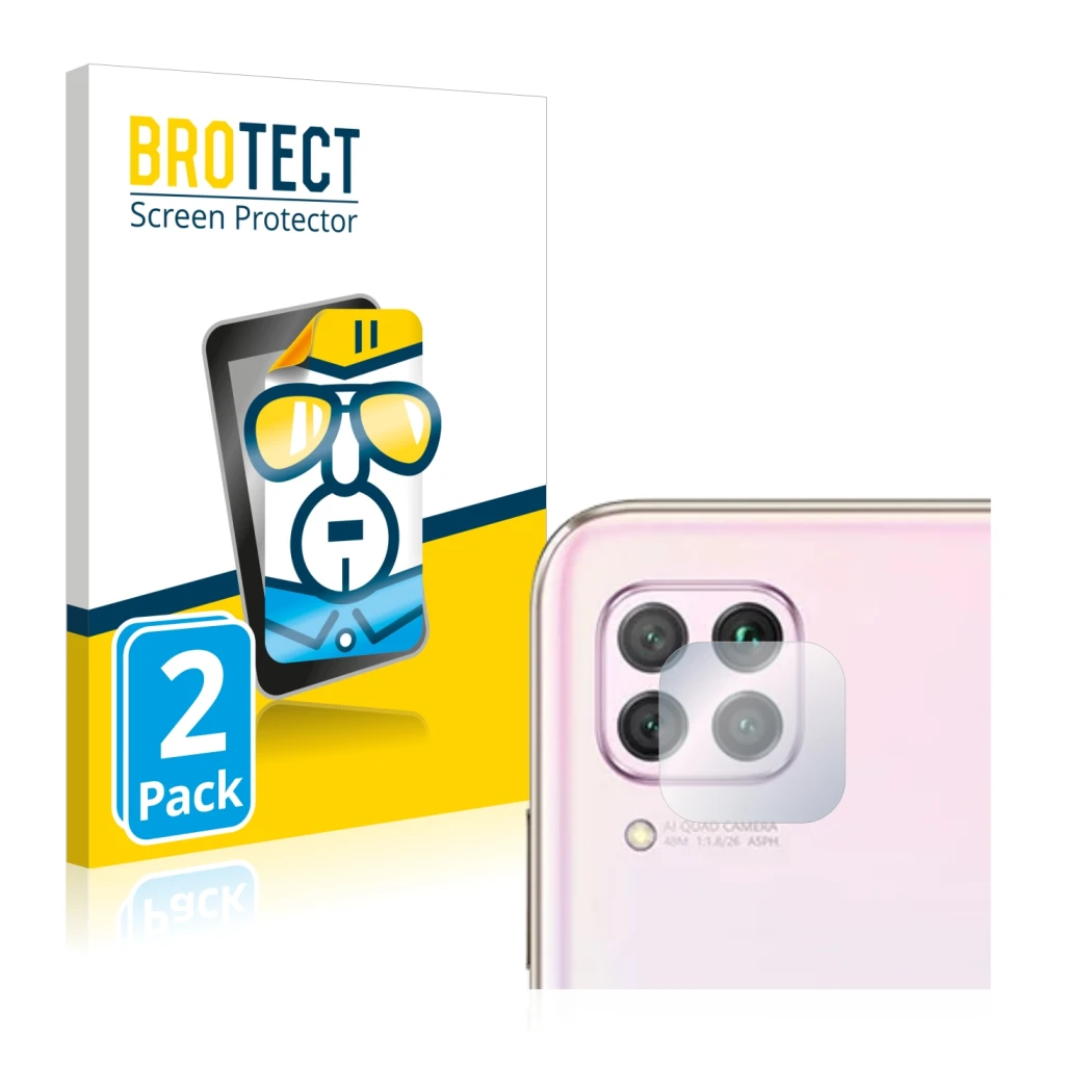 Face avant d’un emballage produit avec le logo de la marque BROTECT. À côté, l’appareil Huawei P40 lite (Caméra UNIQUEMENT) es