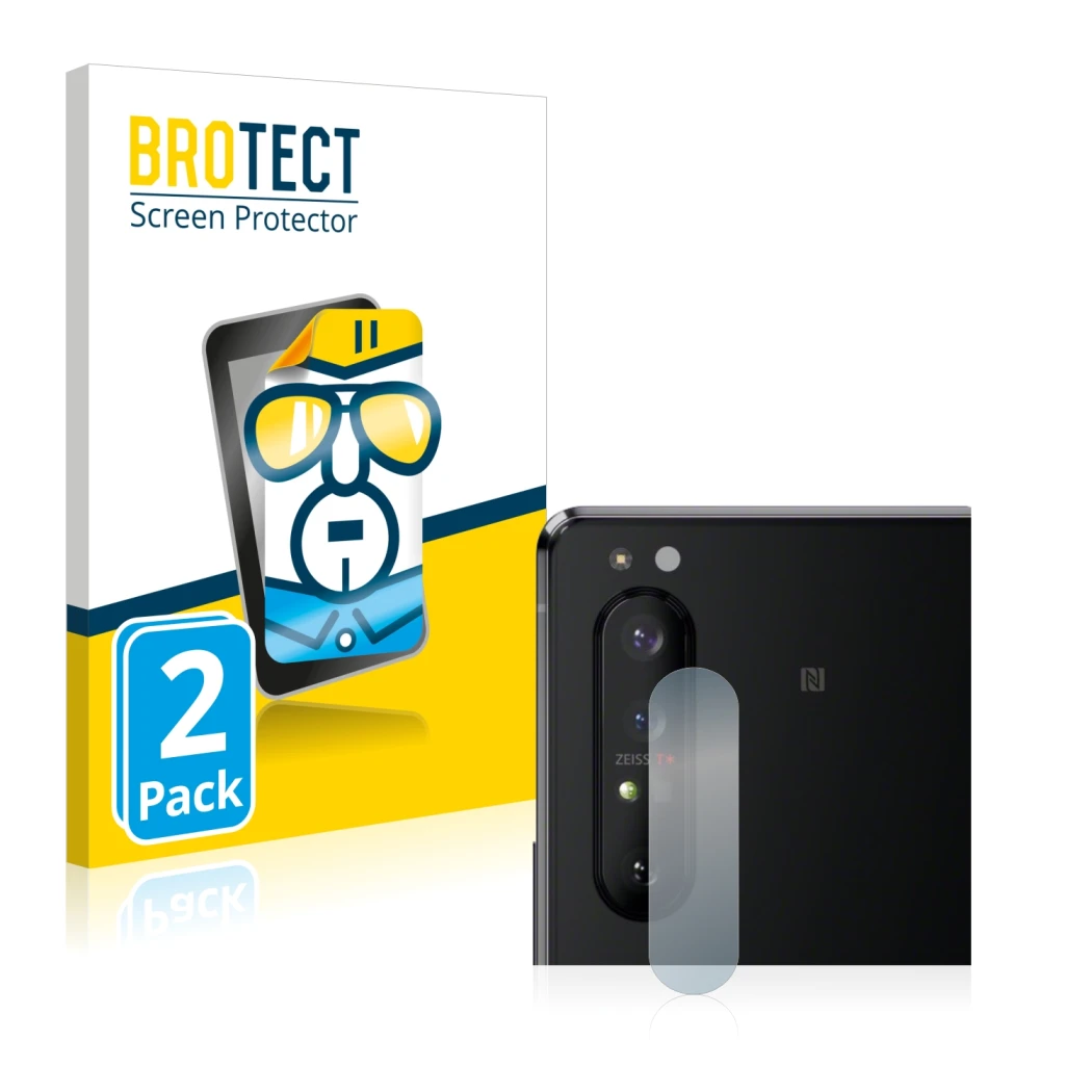 Face avant d’un emballage produit avec le logo de la marque BROTECT. À côté, l’appareil Sony Xperia 1 II (Caméra UNIQUEMENT) e