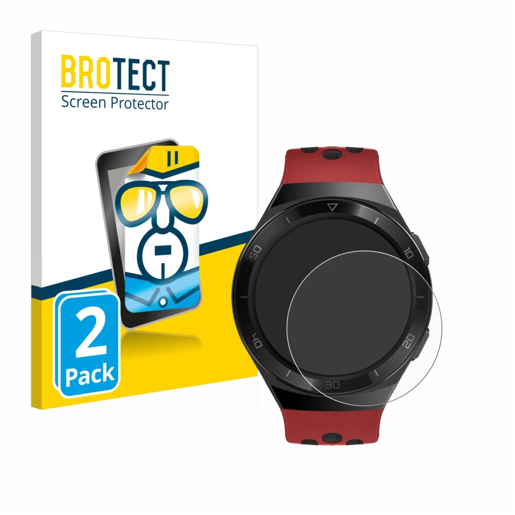 Face avant d’un emballage produit avec le logo de la marque BROTECT. À côté, l’appareil Huawei Watch GT 2e est représenté avec