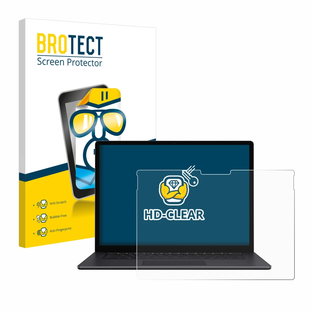 Face avant d’un emballage produit avec le logo de la marque BROTECT. À côté, l’appareil Microsoft Surface Book 3 15
