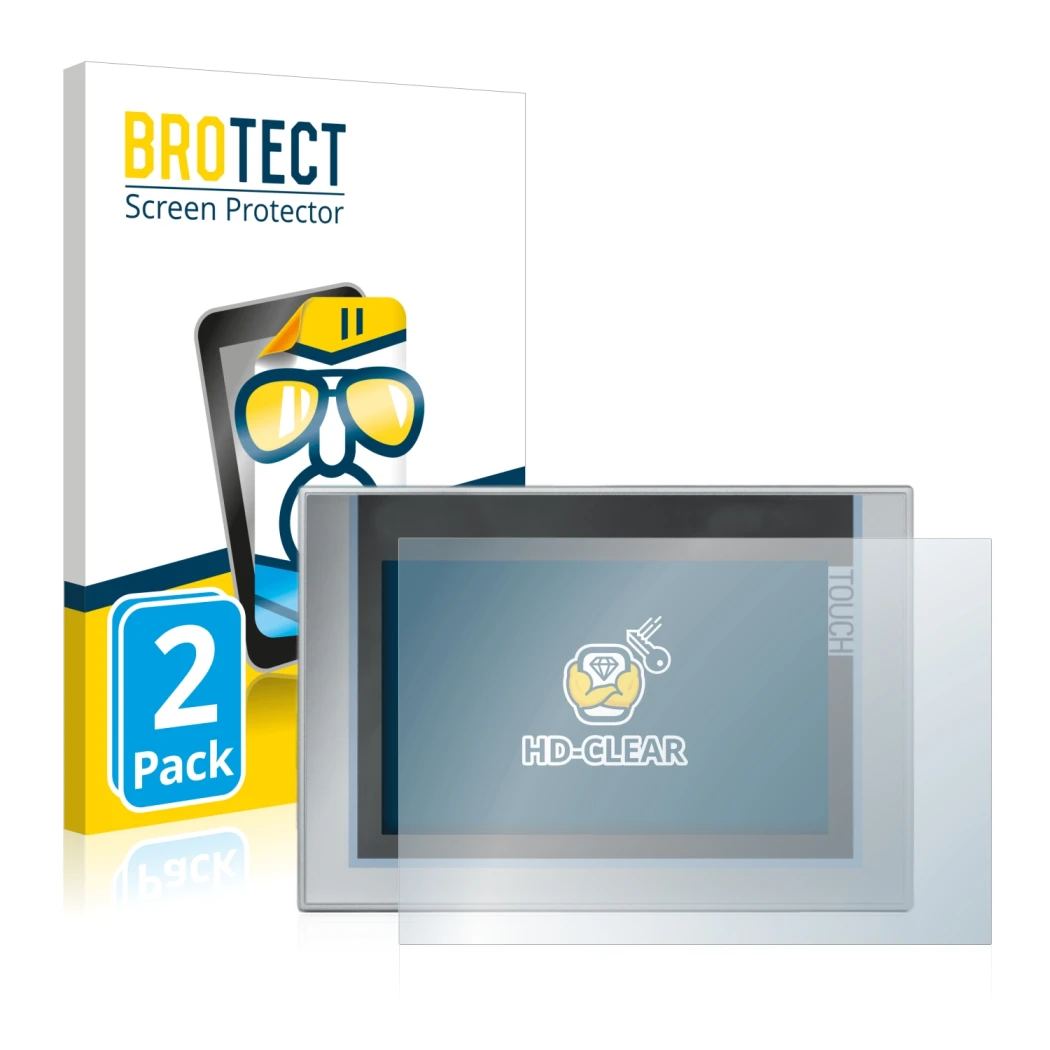 Face avant d’un emballage produit avec le logo de la marque BROTECT. À côté, l’appareil Siemens Simatic TP1200 Comfort est rep