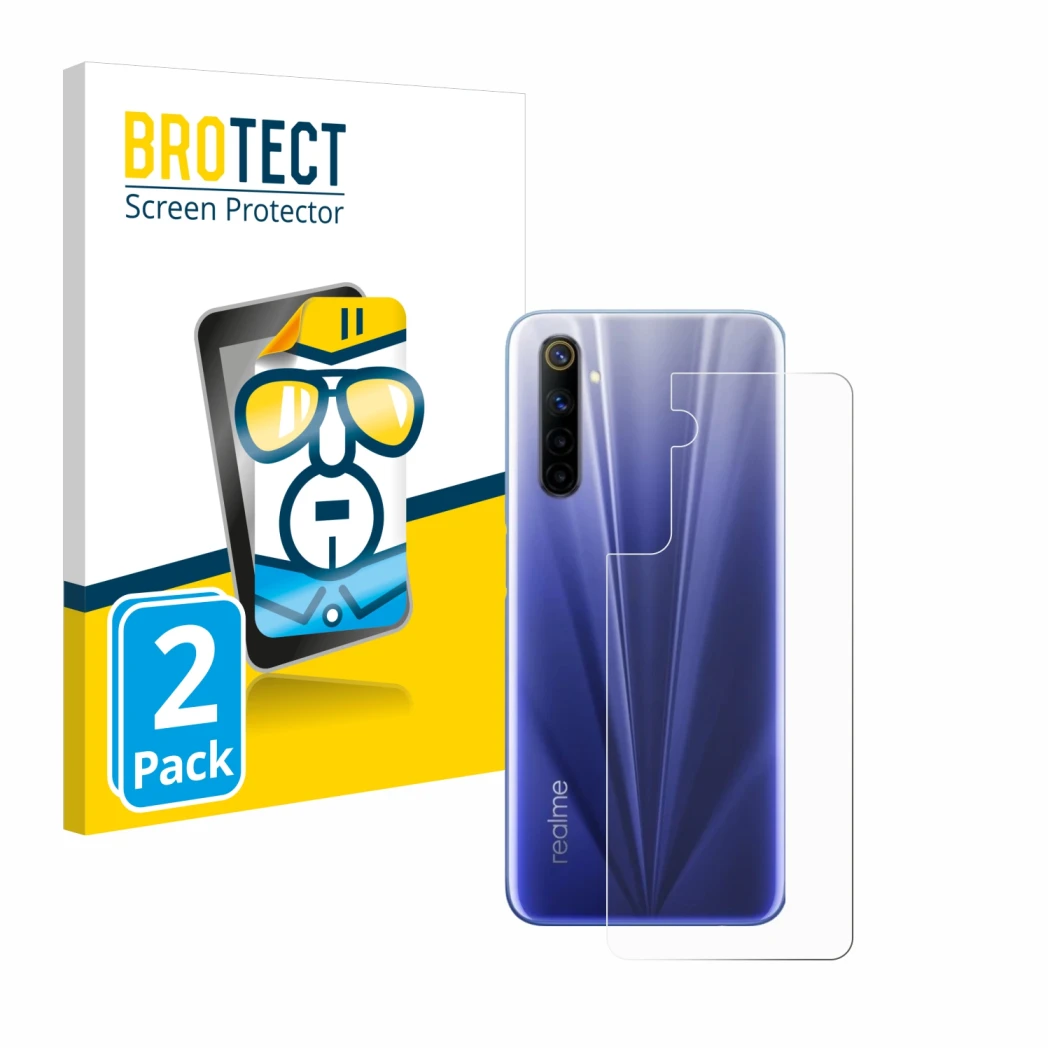 Face avant d’un emballage produit avec le logo de la marque BROTECT. À côté, l’appareil realme 6 (Arrière) est représenté avec
