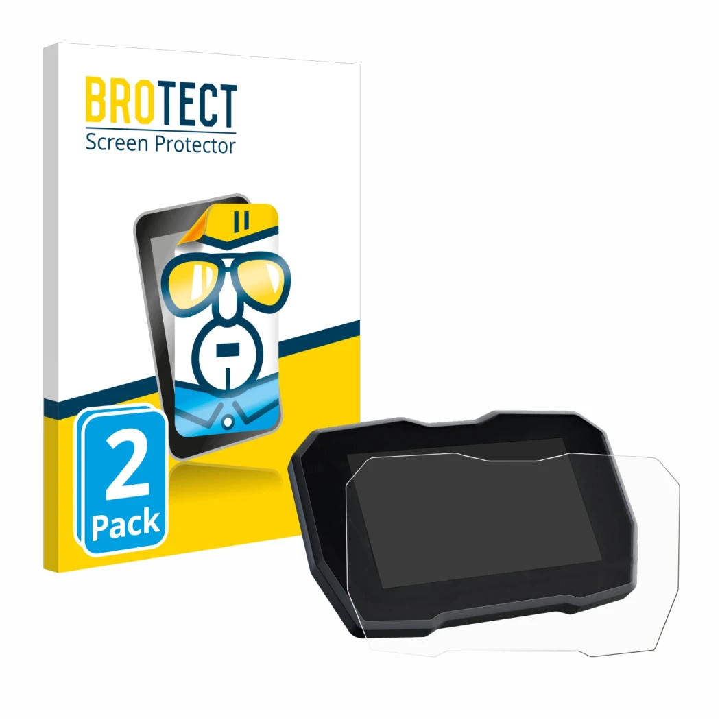 Face avant d’un emballage produit avec le logo de la marque BROTECT. À côté, l’appareil Ducati Streetfighter V4 2020 Affichage