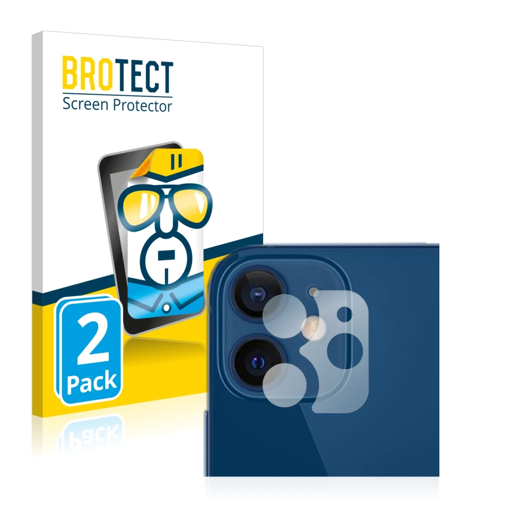 Face avant d’un emballage produit avec le logo de la marque BROTECT. À côté, l’appareil Apple iPhone 12 (Caméra UNIQUEMENT) es