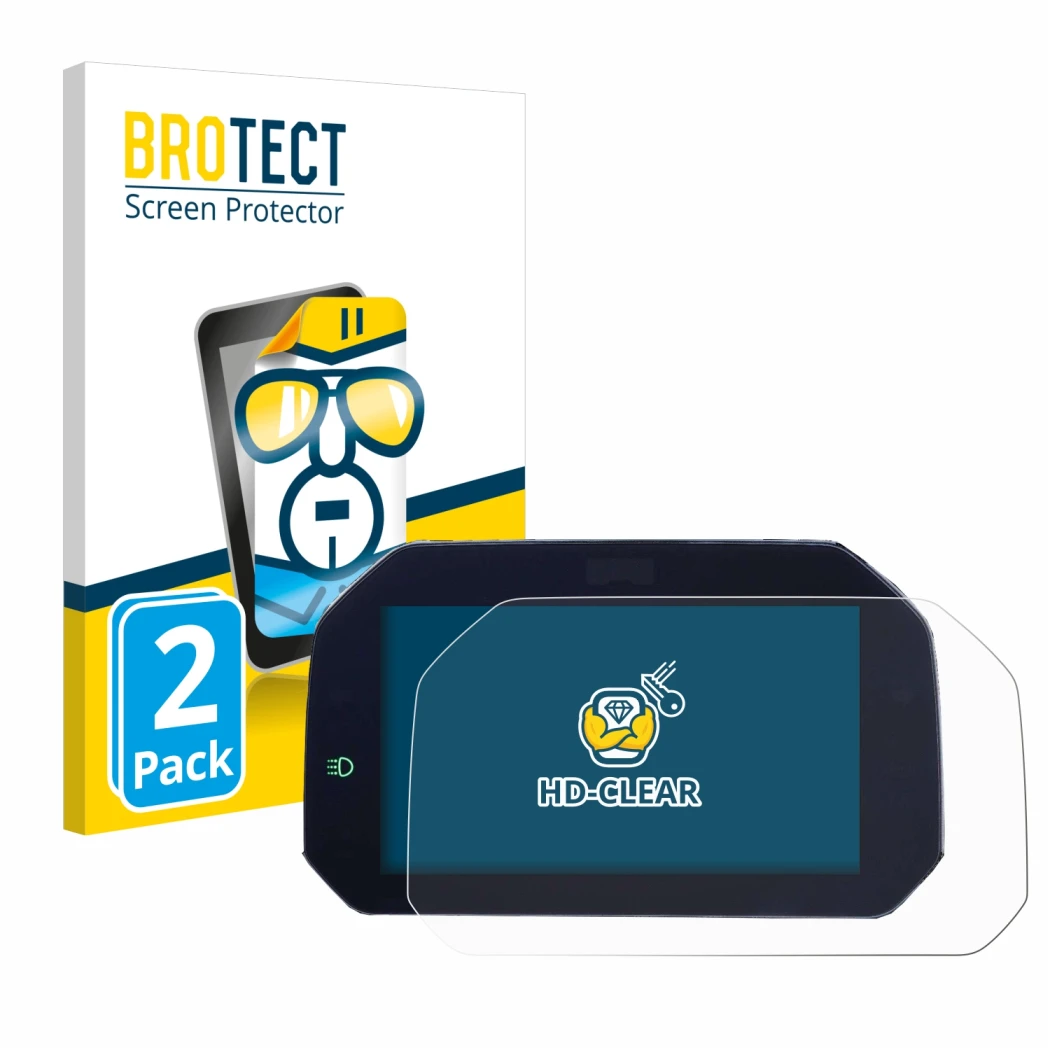 Face avant d’un emballage produit avec le logo de la marque BROTECT. À côté, l’appareil BMW S 1000 RR 2019 Connectivity TFT 6.