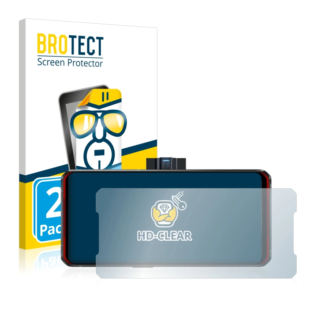 Face avant d’un emballage produit avec le logo de la marque BROTECT. À côté, l’appareil Lenovo Legion Duel est représenté avec