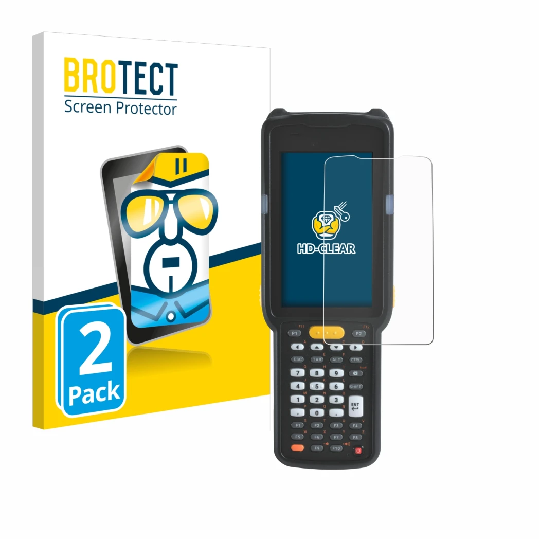 Face avant d’un emballage produit avec le logo de la marque BROTECT. À côté, l’appareil Zebra MC330L est représenté avec la pr