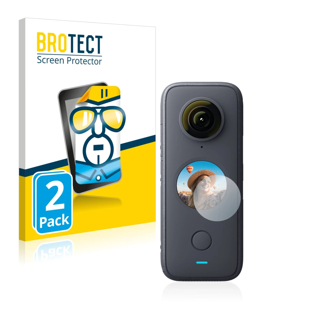 Face avant d’un emballage produit avec le logo de la marque BROTECT. À côté, l’appareil Insta360 One X2 est représenté avec la