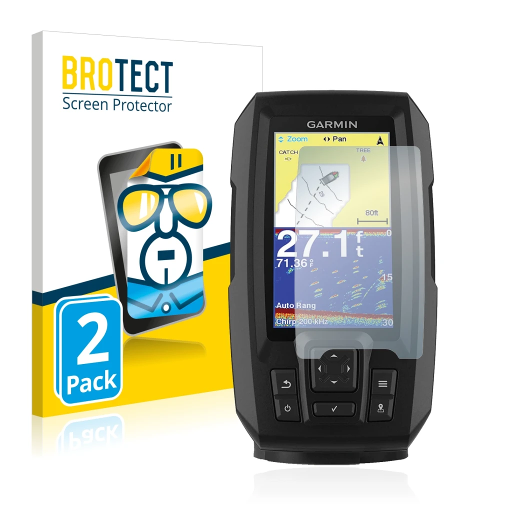 Face avant d’un emballage produit avec le logo de la marque BROTECT. À côté, l’appareil Garmin Striker Vivid 4cv est représent