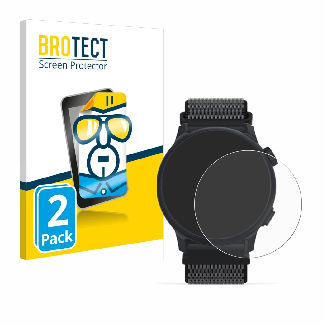 Face avant d’un emballage produit avec le logo de la marque BROTECT. À côté, l’appareil Coros Pace 2 est représenté avec la pr