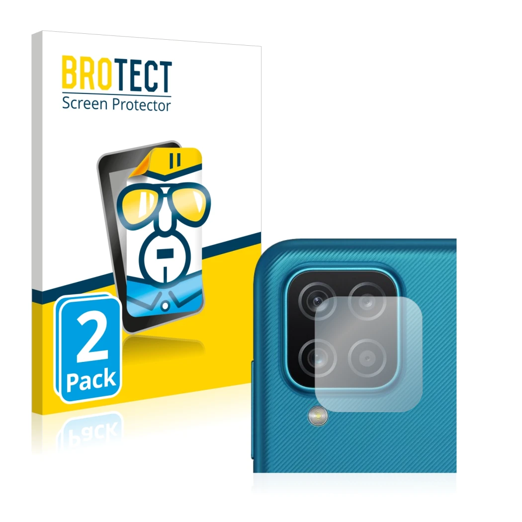 Face avant d’un emballage produit avec le logo de la marque BROTECT. À côté, l’appareil Samsung Galaxy A12 (Caméra UNIQUEMENT)