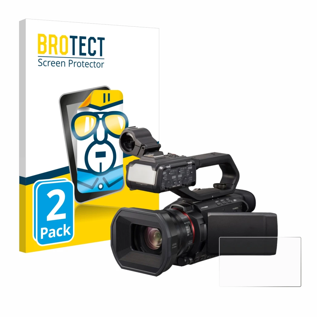 Face avant d’un emballage produit avec le logo de la marque BROTECT. À côté, l’appareil Panasonic HC-X2000 est représenté avec