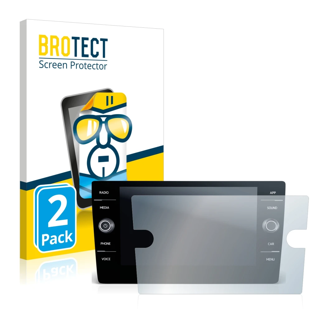 Face avant d’un emballage produit avec le logo de la marque BROTECT. À côté, l’appareil Volkswagen T-Roc Cabriolet Style TSI 2