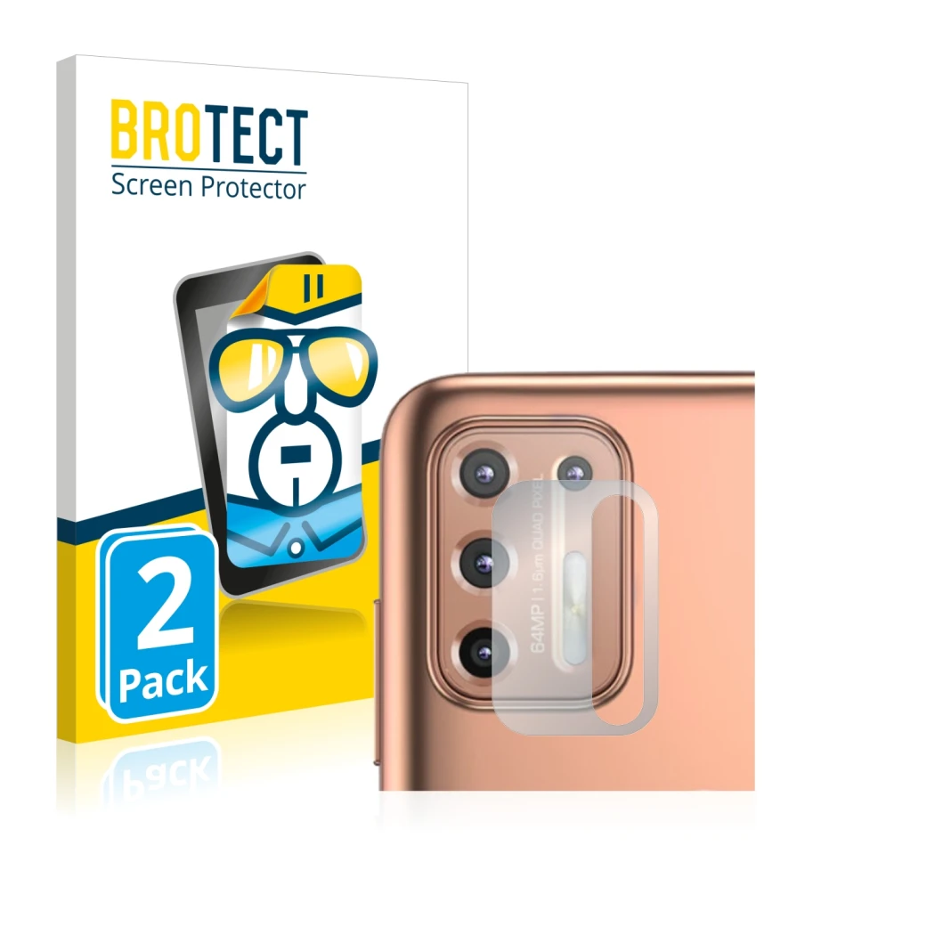 Face avant d’un emballage produit avec le logo de la marque BROTECT. À côté, l’appareil Motorola Moto G9 Plus (Caméra UNIQUEME