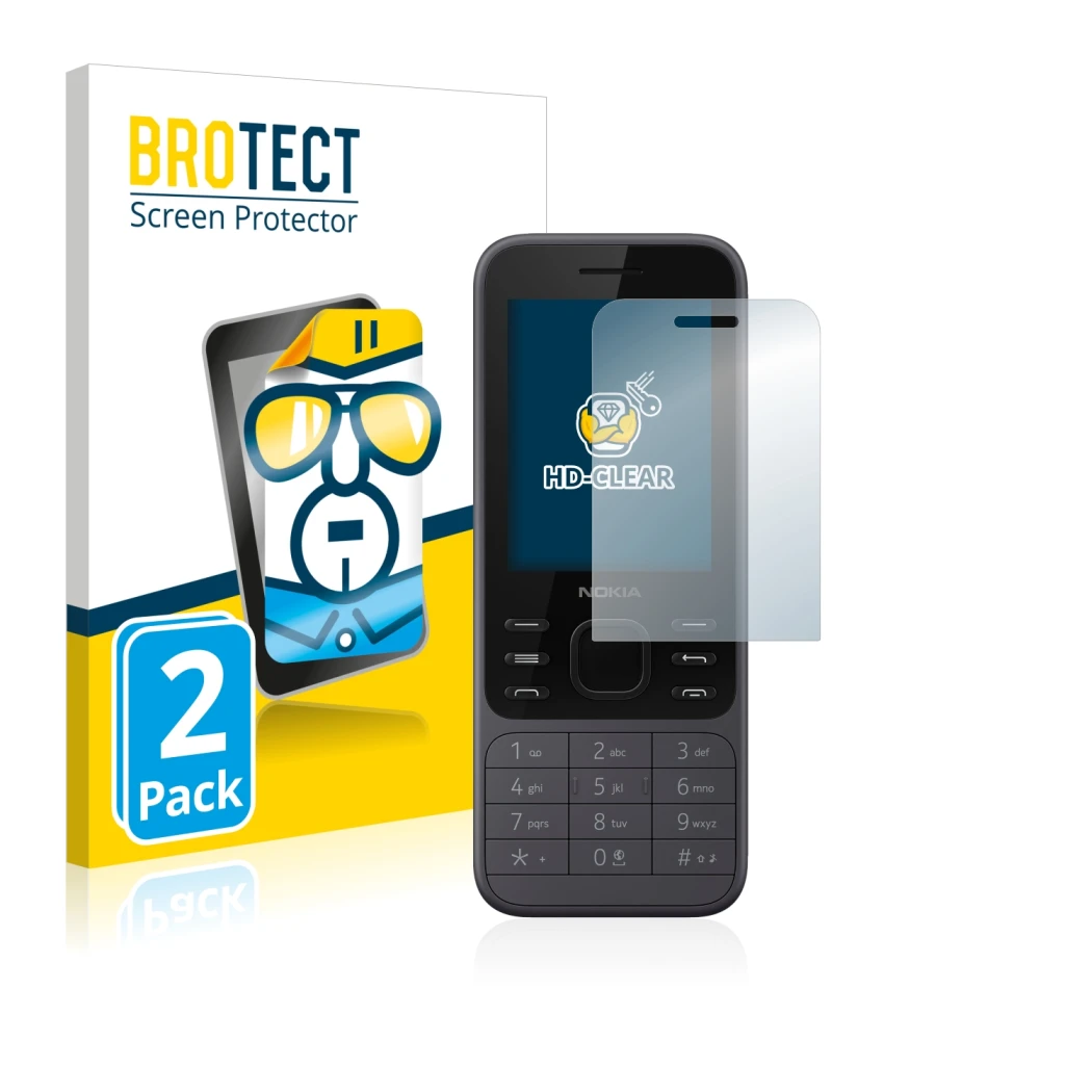 Face avant d’un emballage produit avec le logo de la marque BROTECT. À côté, l’appareil Nokia 6300 2020 est représenté avec la
