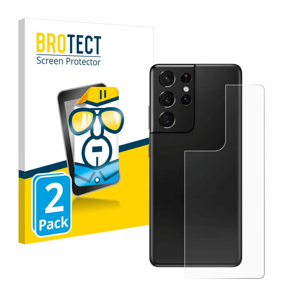 Face avant d’un emballage produit avec le logo de la marque BROTECT. À côté, l’appareil Samsung Galaxy S21 Ultra 5G (Arrière) 