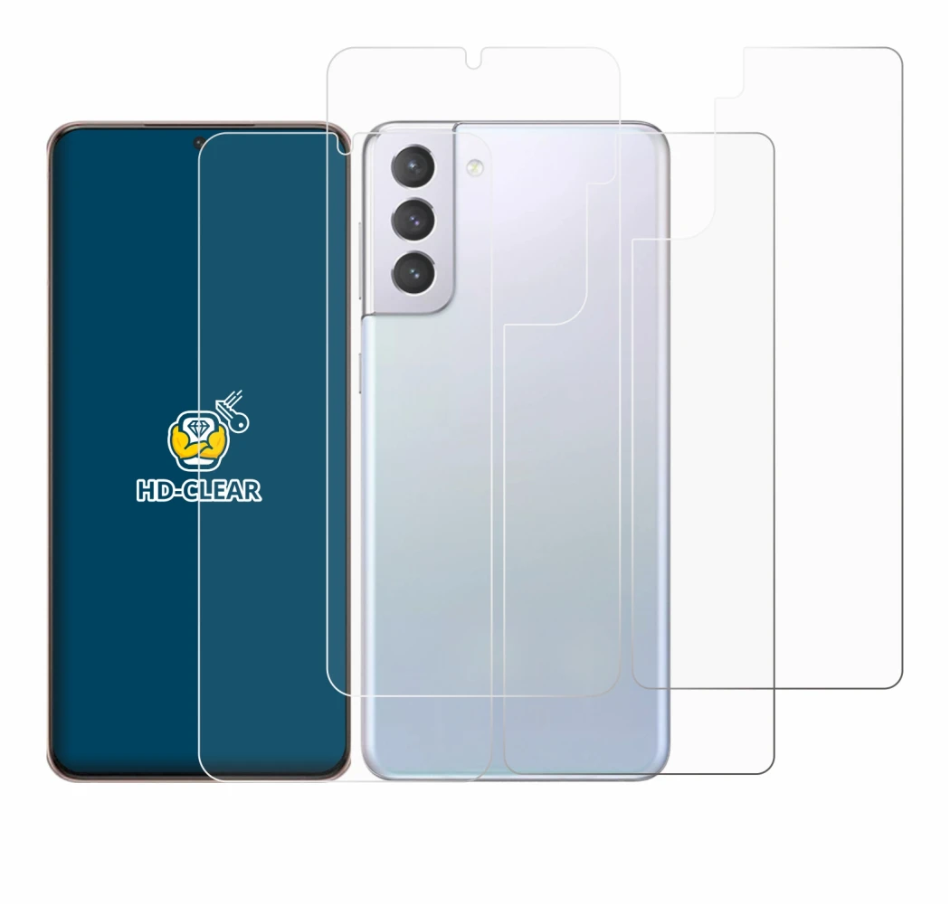 Image de l'appareil Samsung Galaxy S21 Plus 5G (Avant+Arrière) avec une grande variété de protections d'écran.