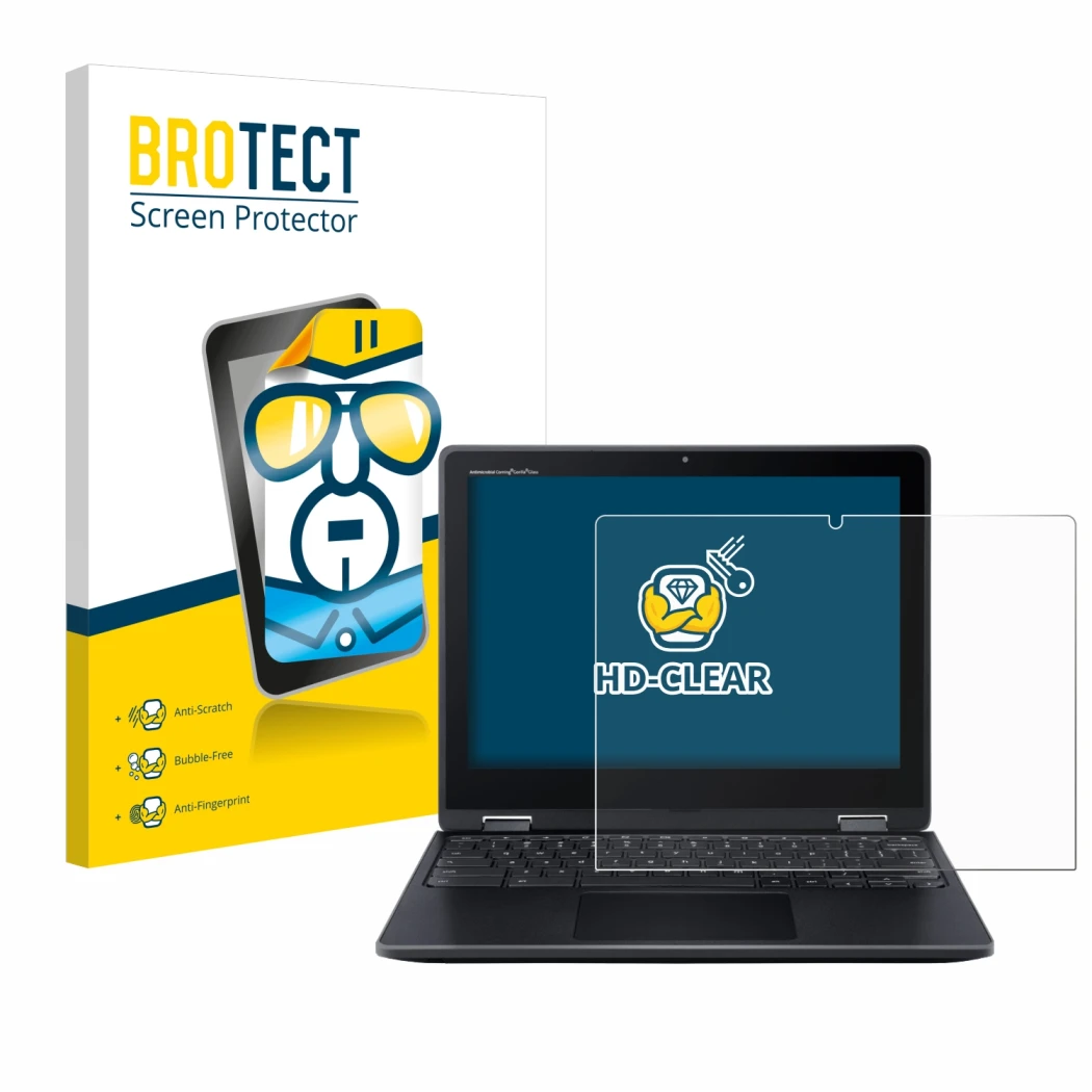 Face avant d’un emballage produit avec le logo de la marque BROTECT. À côté, l’appareil Acer Chromebook Spin 512 est représent