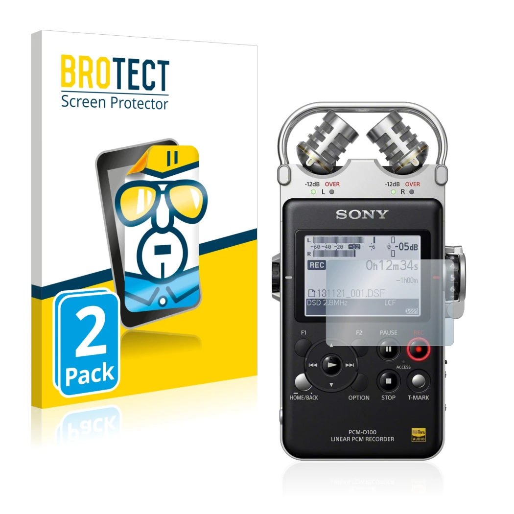 Face avant d’un emballage produit avec le logo de la marque BROTECT. À côté, l’appareil Sony PCM D100 est représenté avec la p