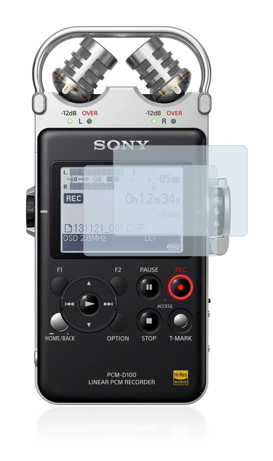 Image de l'appareil Sony PCM D100 avec une grande variété de protections d'écran.