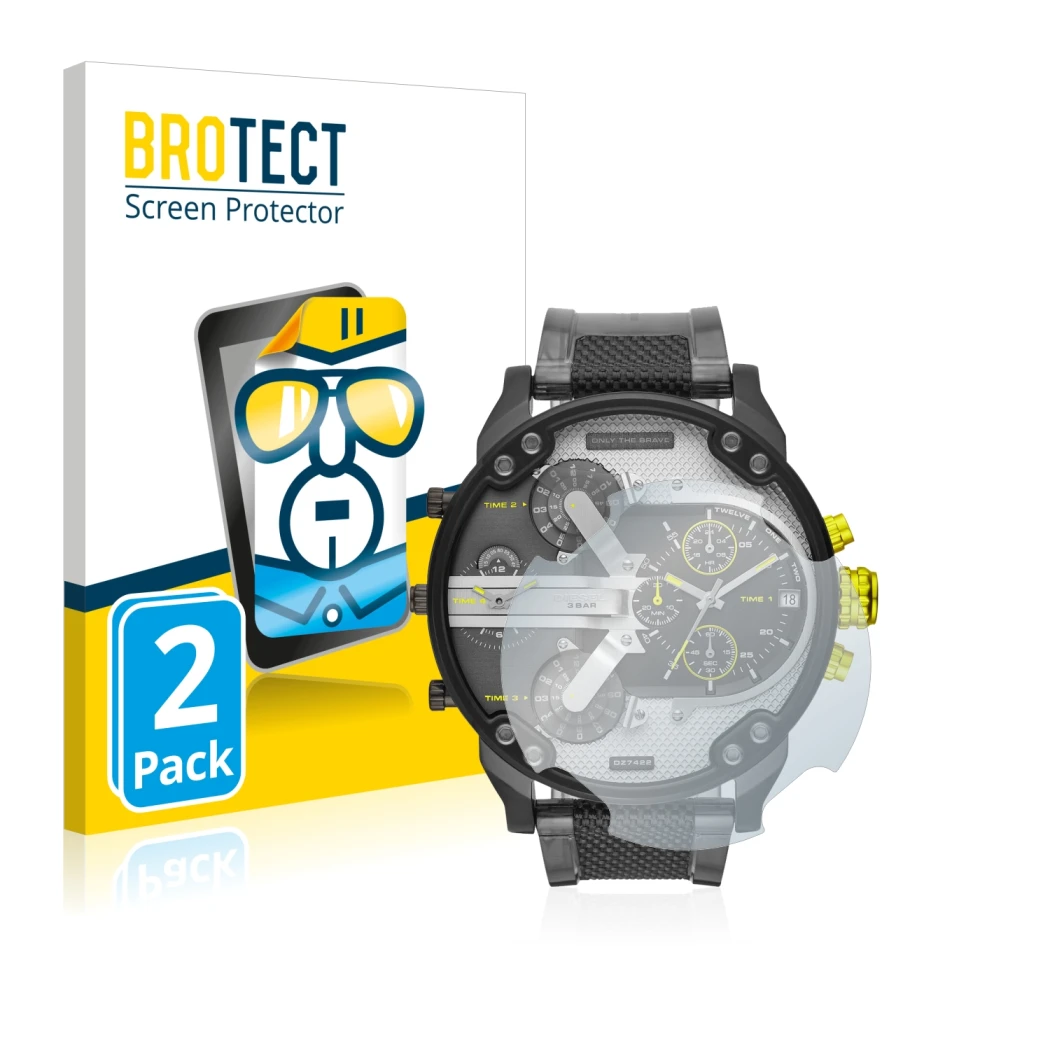 Face avant d’un emballage produit avec le logo de la marque BROTECT. À côté, l’appareil Diesel DZ7422 Mr. Daddy 2.0 est représ