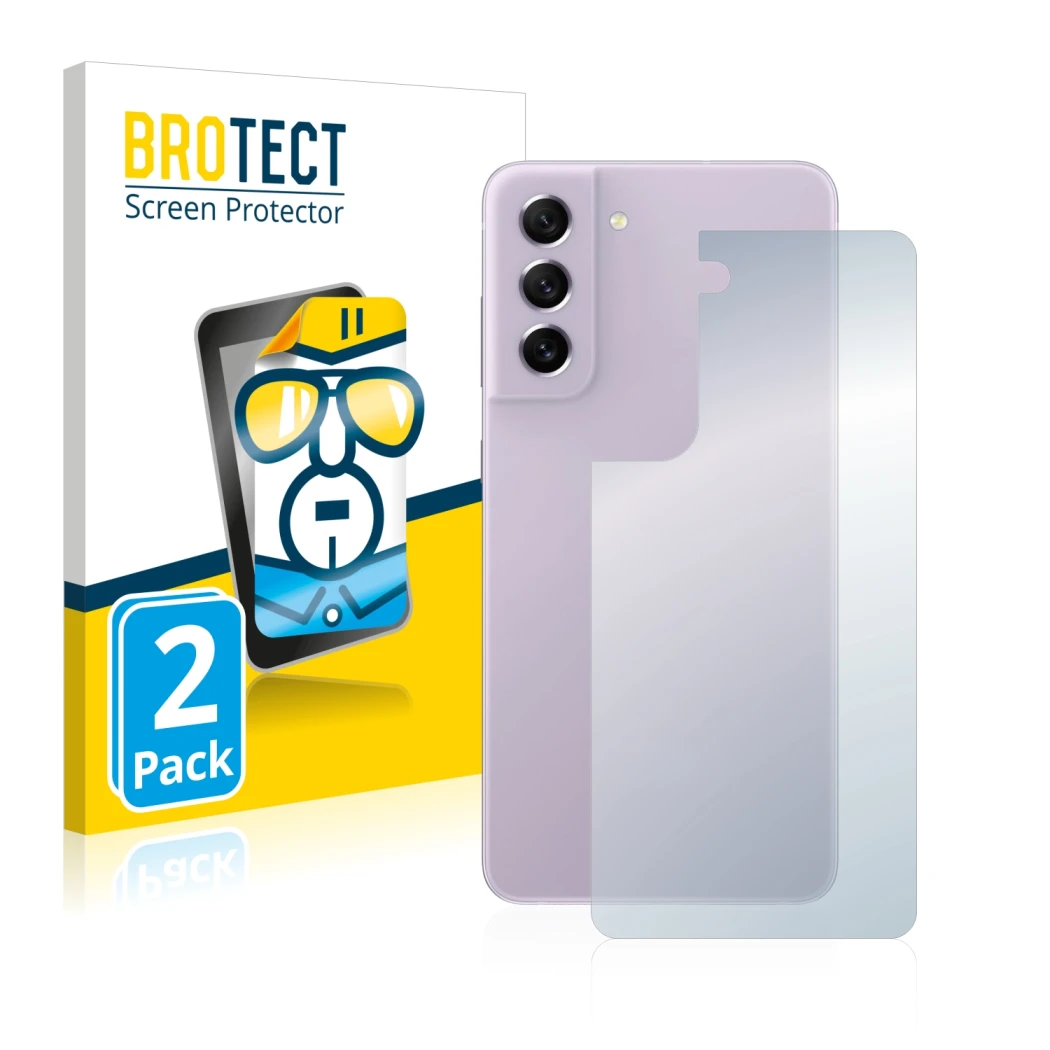 Face avant d’un emballage produit avec le logo de la marque BROTECT. À côté, l’appareil Samsung Galaxy S21 FE 5G (Arrière) est