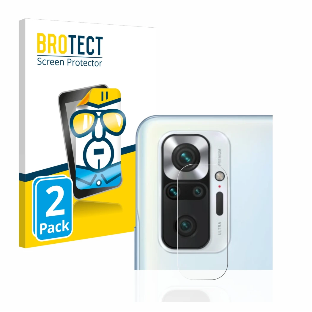 Face avant d’un emballage produit avec le logo de la marque BROTECT. À côté, l’appareil Xiaomi Redmi Note 10 Pro (Caméra UNIQU