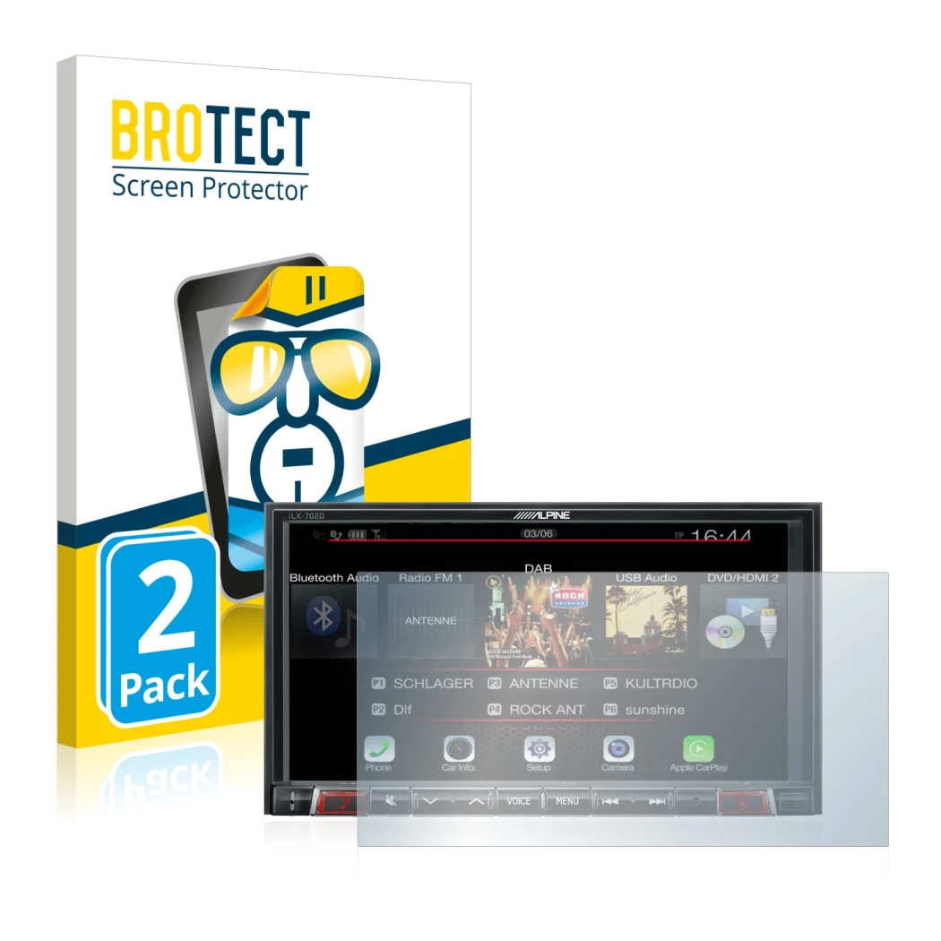 Face avant d’un emballage produit avec le logo de la marque BROTECT. À côté, l’appareil Alpine iLX-702D est représenté avec la