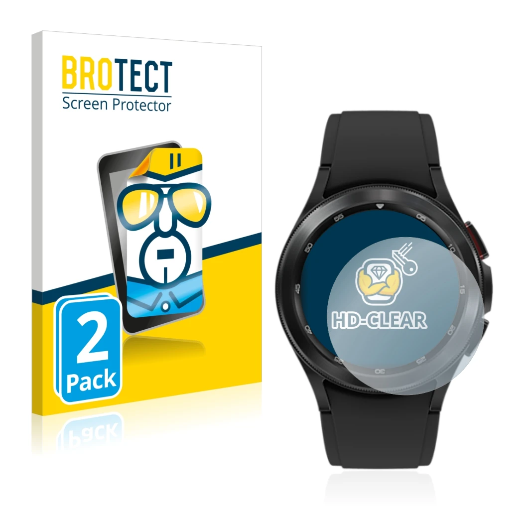 Face avant d’un emballage produit avec le logo de la marque BROTECT. À côté, l’appareil Samsung Galaxy Watch 4 Classic (42mm)