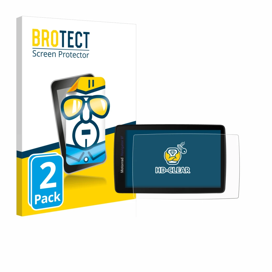 Face avant d’un emballage produit avec le logo de la marque BROTECT. À côté, l’appareil BMW Navigator VI est représenté avec l