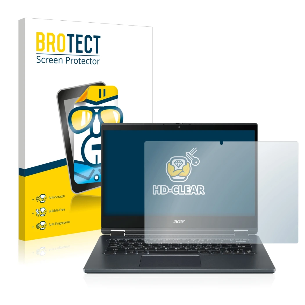 Face avant d’un emballage produit avec le logo de la marque BROTECT. À côté, l’appareil Acer TravelMate Spin P4 14
