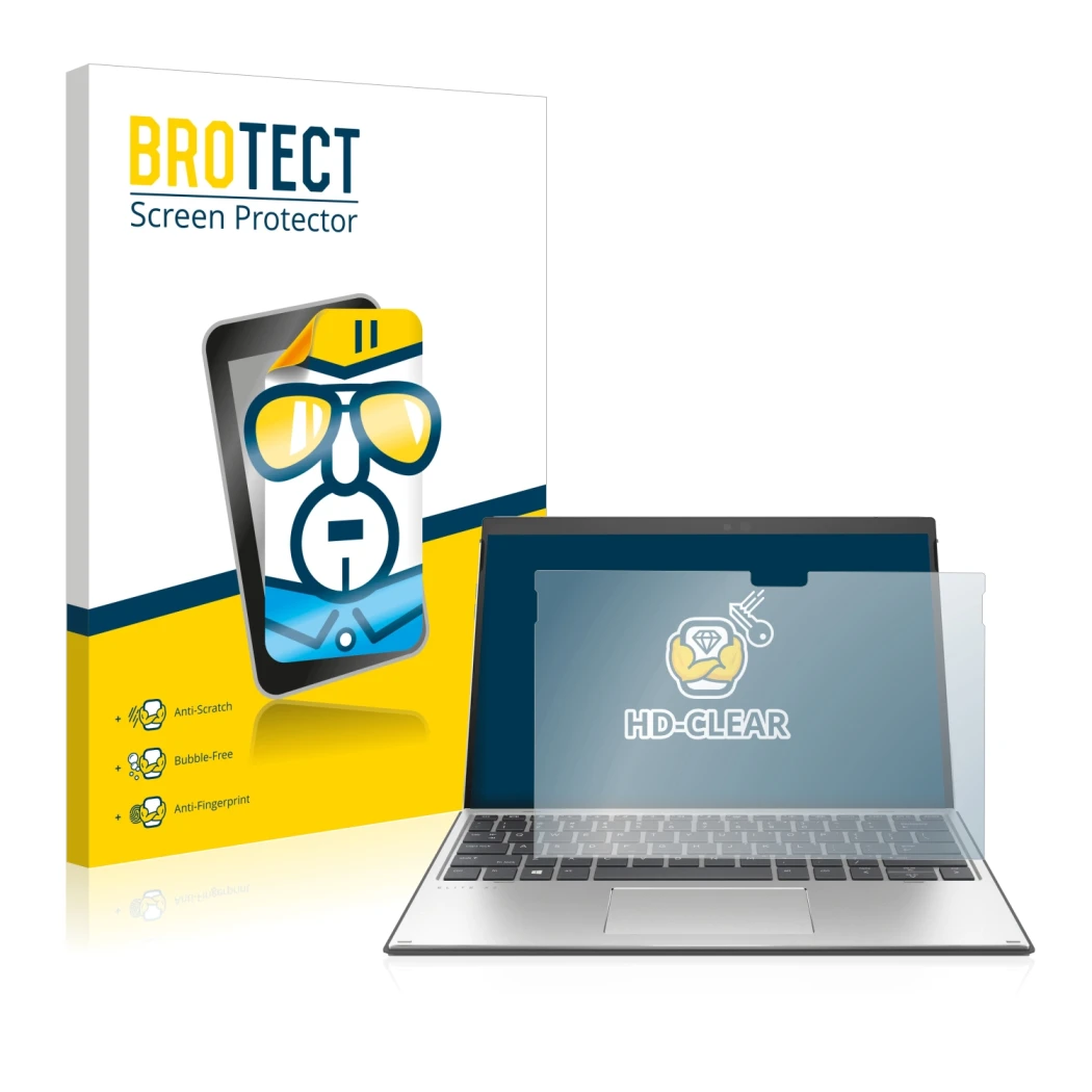 Face avant d’un emballage produit avec le logo de la marque BROTECT. À côté, l’appareil HP Elite x2 G8 est représenté avec la 