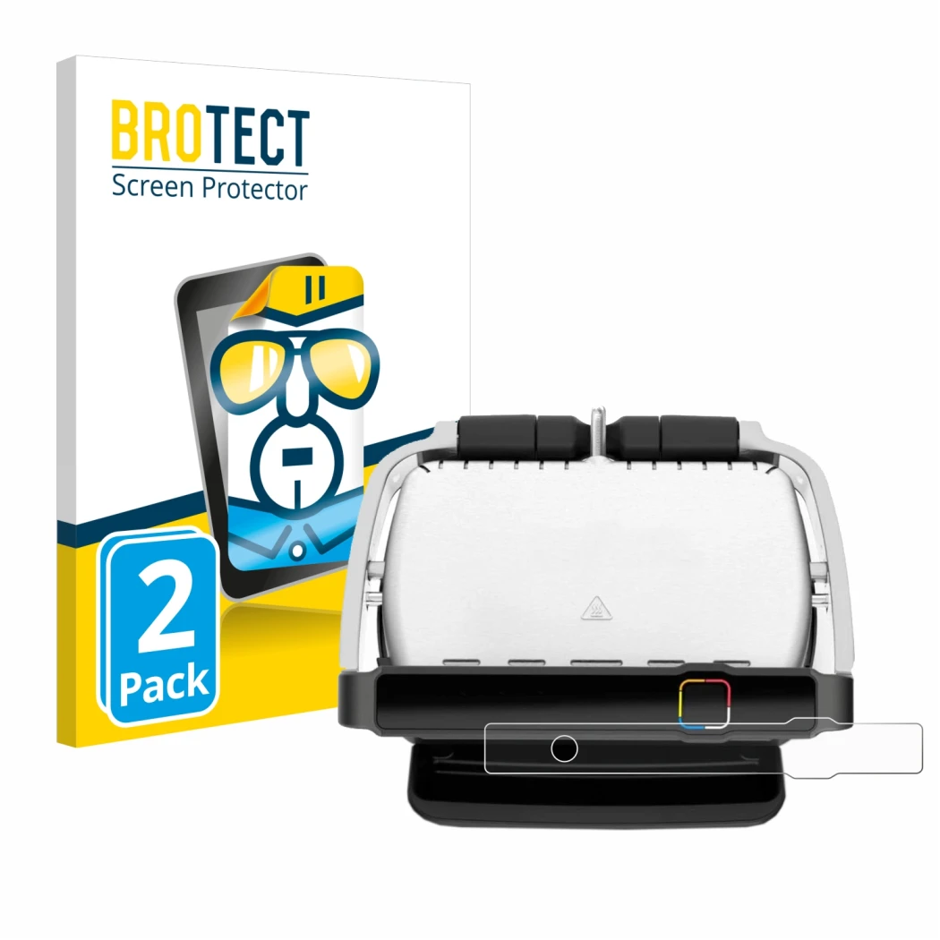 Face avant d’un emballage produit avec le logo de la marque BROTECT. À côté, l’appareil Tefal OptiGrill Elite est représenté a