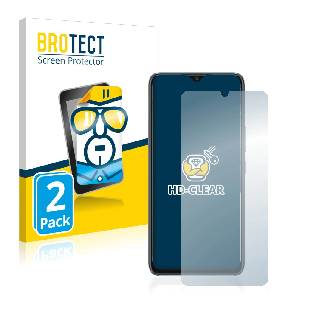 Face avant d’un emballage produit avec le logo de la marque BROTECT. À côté, l’appareil Vivo Y70 est représenté avec la protec