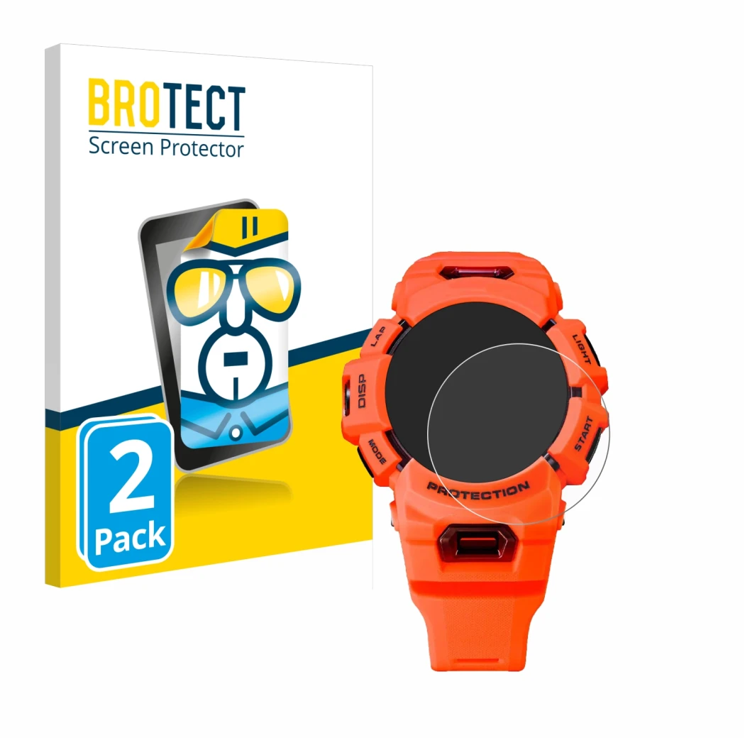 Face avant d’un emballage produit avec le logo de la marque BROTECT. À côté, l’appareil Casio G-Shock GBA-900 est représenté a