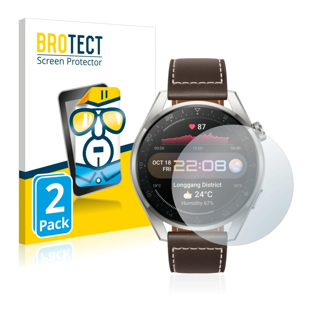 Face avant d’un emballage produit avec le logo de la marque BROTECT. À côté, l’appareil Huawei Watch 3 Pro est représenté avec
