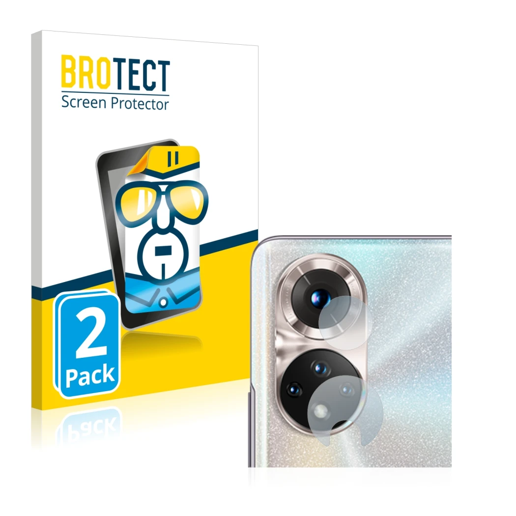 Face avant d’un emballage produit avec le logo de la marque BROTECT. À côté, l’appareil Honor 50 (Caméra UNIQUEMENT) est repré