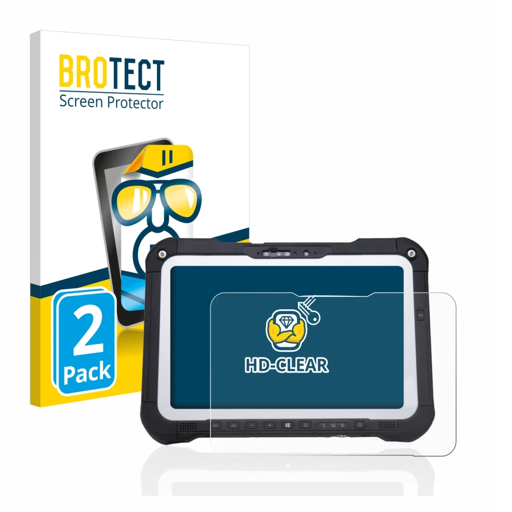 Face avant d’un emballage produit avec le logo de la marque BROTECT. À côté, l’appareil Panasonic Toughbook FZ-G2 est représen