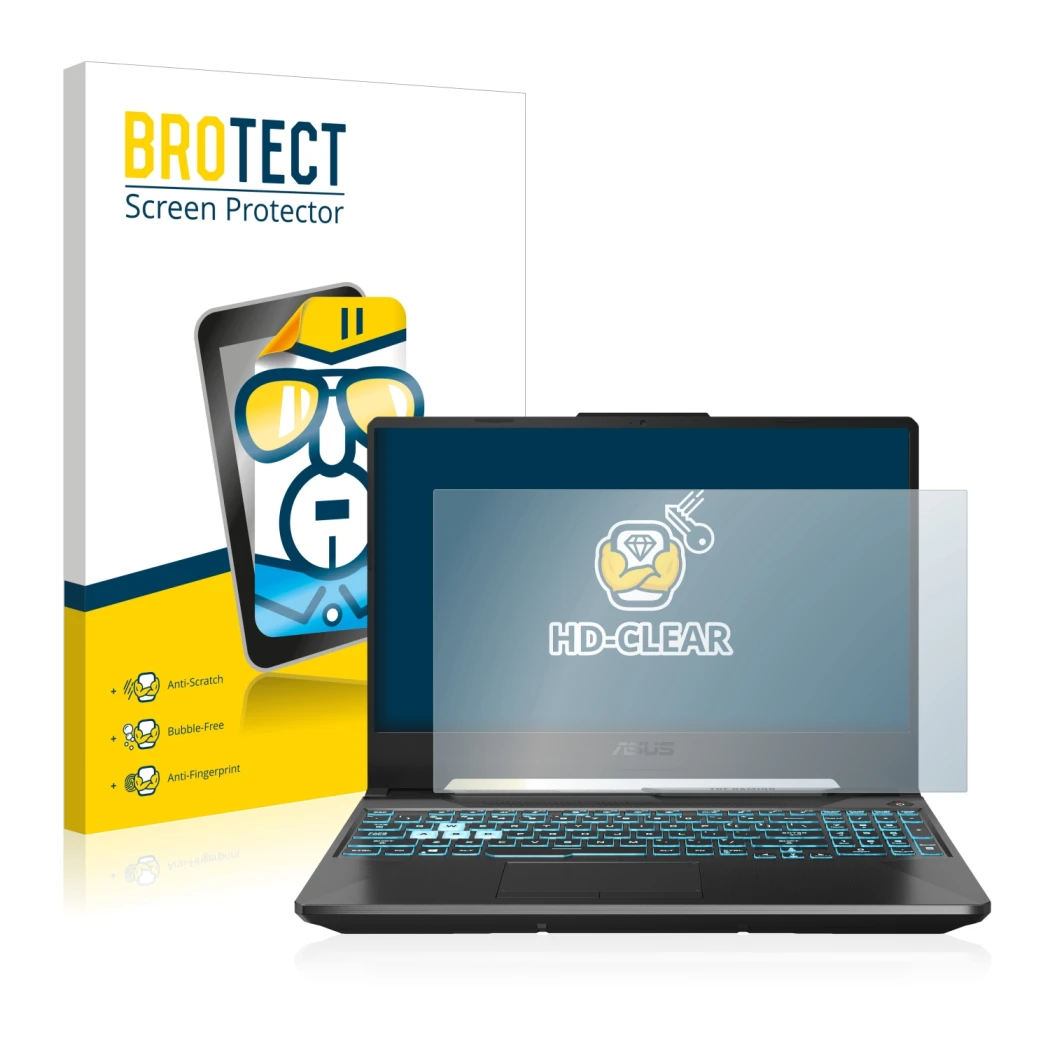 Face avant d’un emballage produit avec le logo de la marque BROTECT. À côté, l’appareil ASUS TUF Gaming A15 est représenté ave