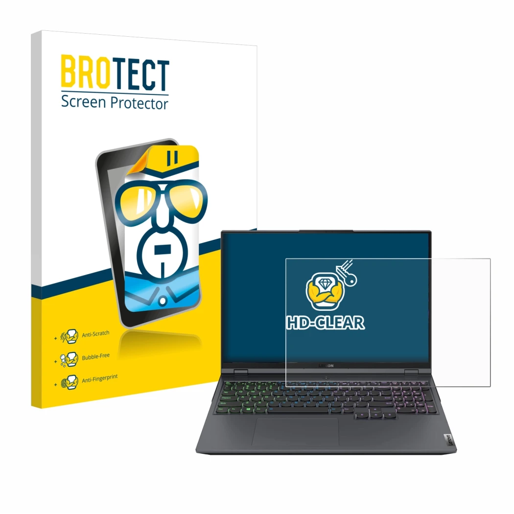 Face avant d’un emballage produit avec le logo de la marque BROTECT. À côté, l’appareil Lenovo Legion 5 Pro est représenté ave