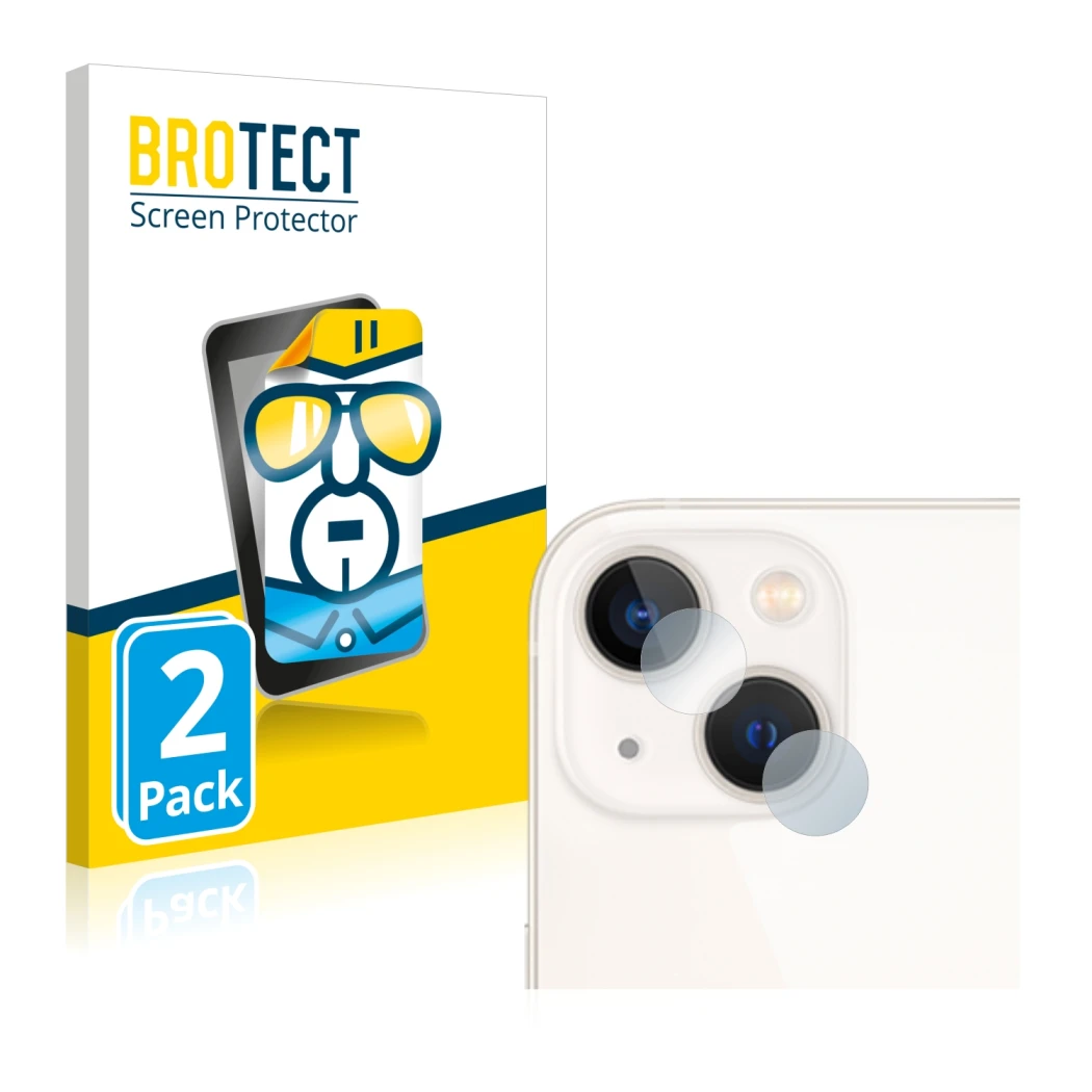 Face avant d’un emballage produit avec le logo de la marque BROTECT. À côté, l’appareil Apple iPhone 13 (Caméra UNIQUEMENT) es