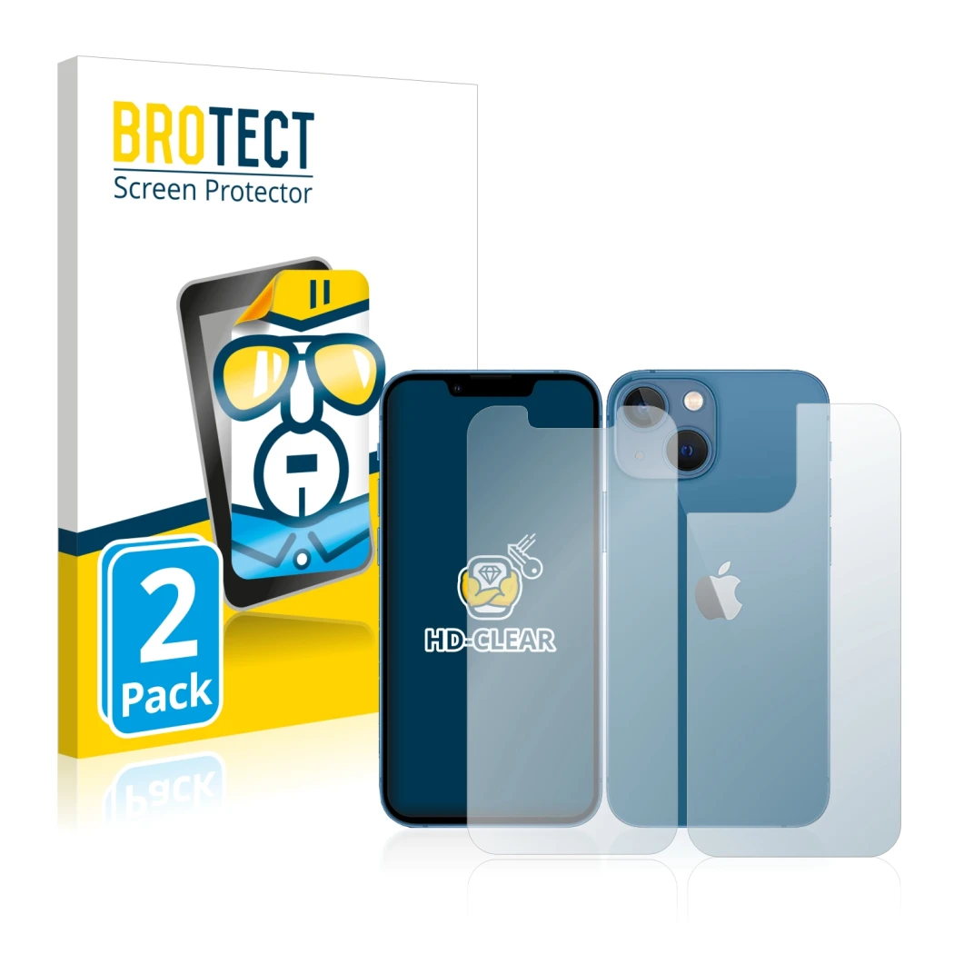 Face avant d’un emballage produit avec le logo de la marque BROTECT. À côté, l’appareil Apple iPhone 13 mini (Avant+Arrière) e